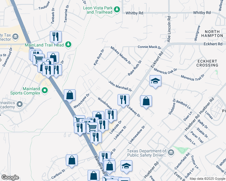 map of restaurants, bars, coffee shops, grocery stores, and more near 6825 John Marshall Street in San Antonio