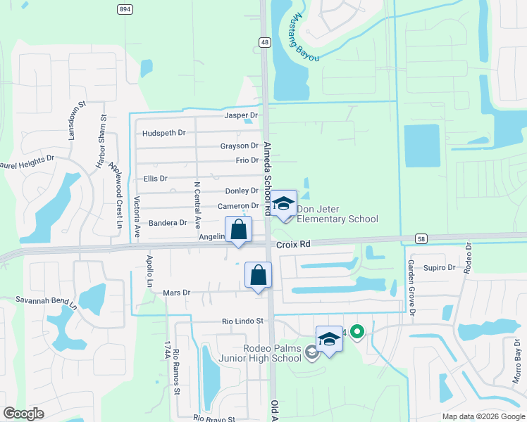 map of restaurants, bars, coffee shops, grocery stores, and more near 2318 Almeda School Road in Rosharon