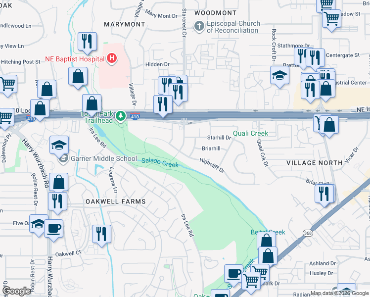 map of restaurants, bars, coffee shops, grocery stores, and more near 8326 Starcrest Drive in San Antonio