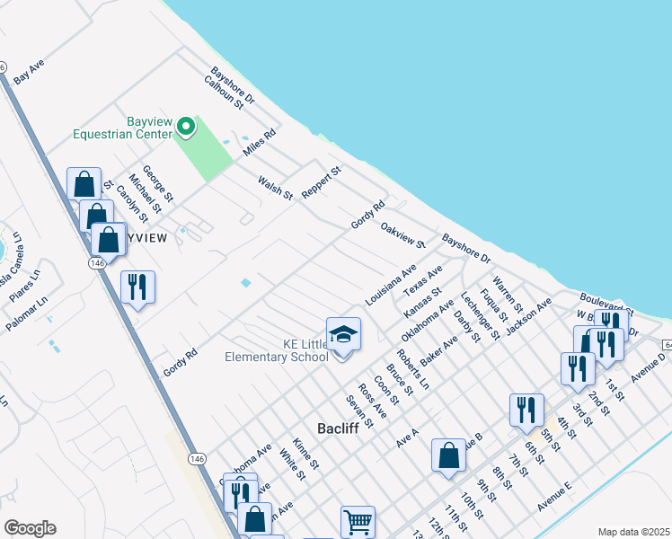 map of restaurants, bars, coffee shops, grocery stores, and more near 331 Gordy Road in Bacliff