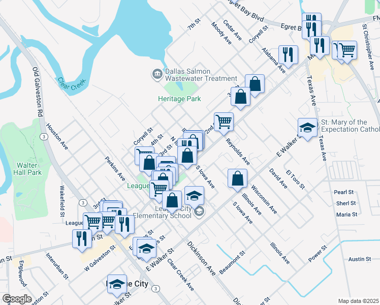 map of restaurants, bars, coffee shops, grocery stores, and more near 121 Illinois Avenue in League City