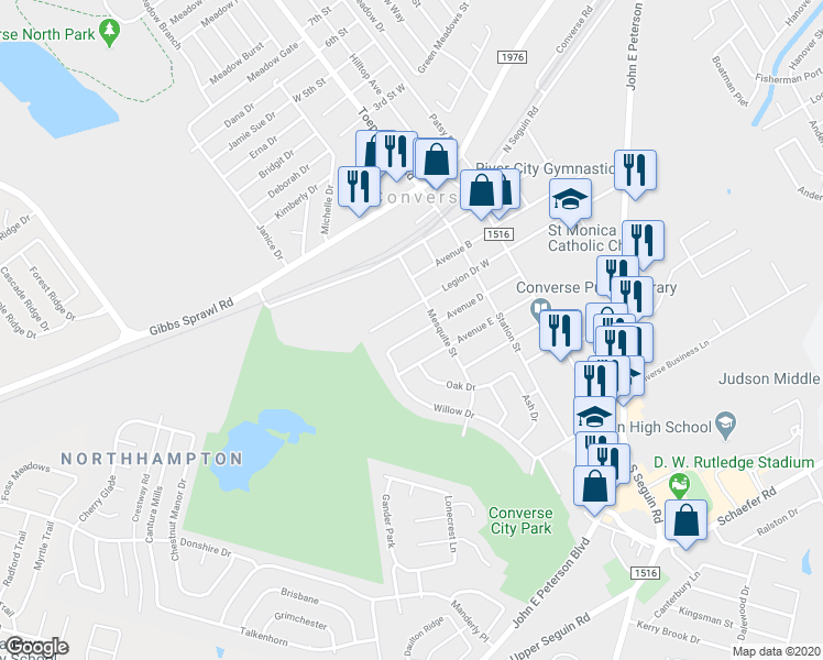 map of restaurants, bars, coffee shops, grocery stores, and more near 303 Avenue D in Converse