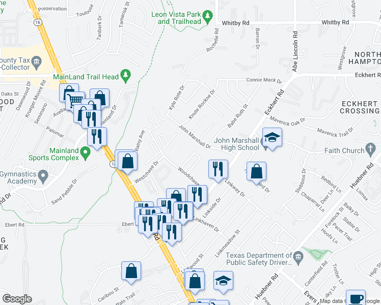 map of restaurants, bars, coffee shops, grocery stores, and more near 7820 Woodchase in San Antonio