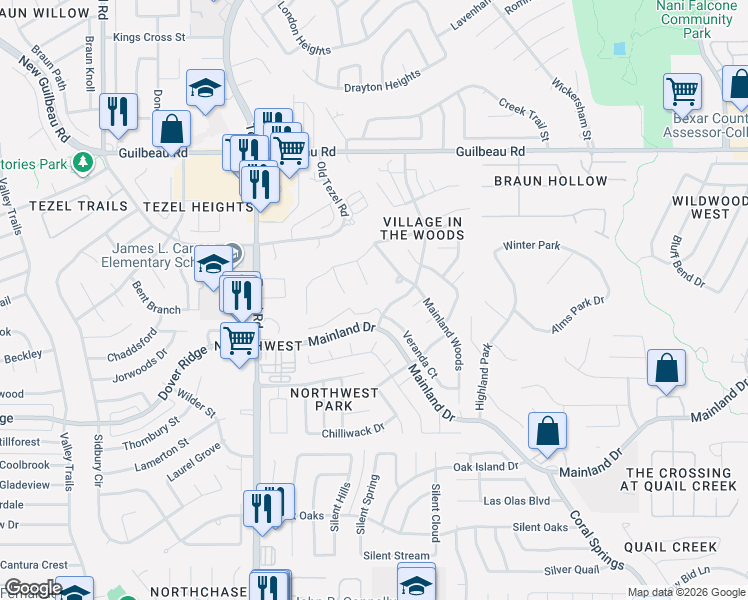map of restaurants, bars, coffee shops, grocery stores, and more near 7911 Live Oak Vista in San Antonio