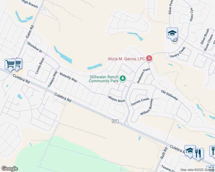map of restaurants, bars, coffee shops, grocery stores, and more near 8018 Bluewater Cove in San Antonio