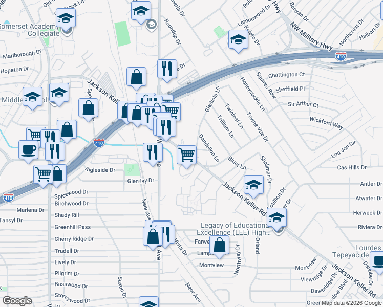 map of restaurants, bars, coffee shops, grocery stores, and more near 201 Gladiola Lane in San Antonio