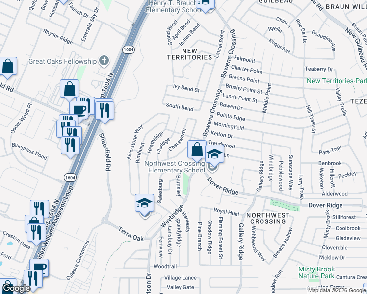 map of restaurants, bars, coffee shops, grocery stores, and more near 7639 Branston in San Antonio