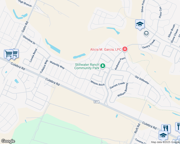 map of restaurants, bars, coffee shops, grocery stores, and more near 8018 Bluewater Cove in San Antonio