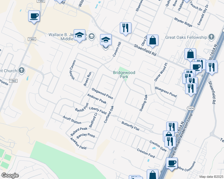map of restaurants, bars, coffee shops, grocery stores, and more near 7902 Winterstone Drive in San Antonio