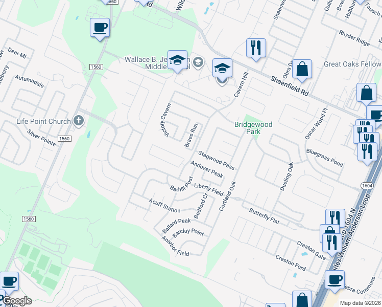 map of restaurants, bars, coffee shops, grocery stores, and more near 8003 Braes Run in San Antonio
