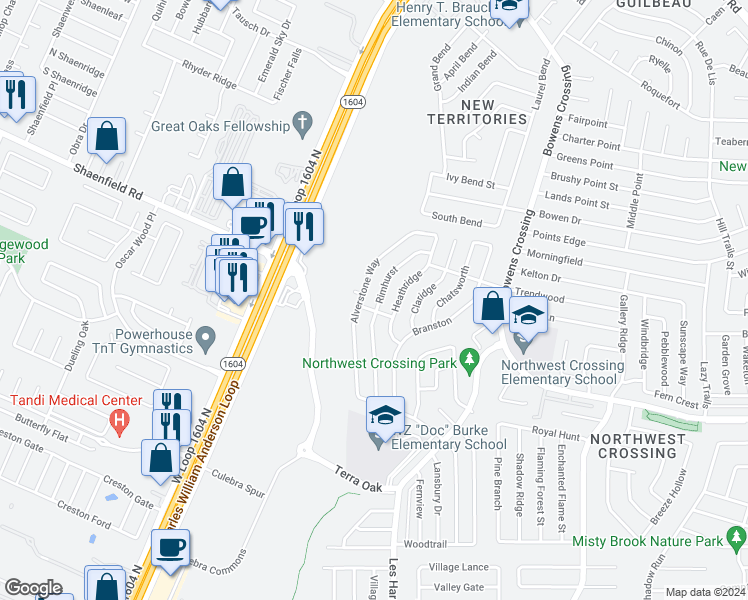 map of restaurants, bars, coffee shops, grocery stores, and more near 7611 Rimhurst in San Antonio