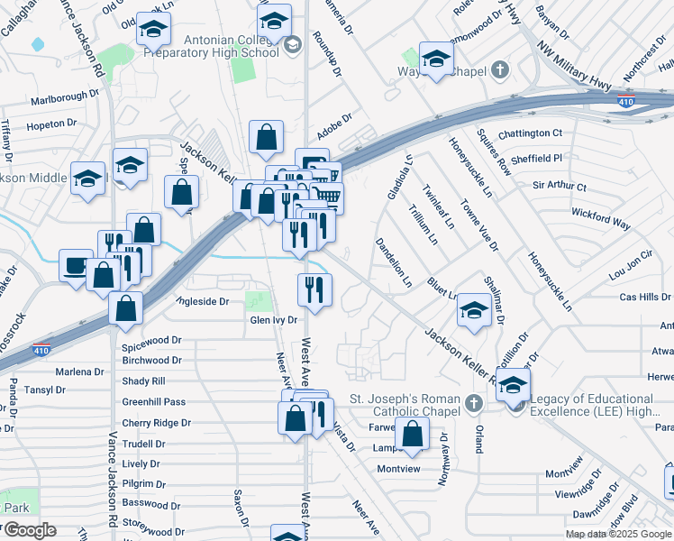 map of restaurants, bars, coffee shops, grocery stores, and more near 1834 Jackson Keller Road in San Antonio