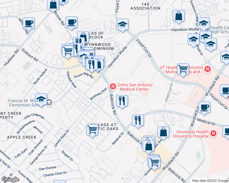 map of restaurants, bars, coffee shops, grocery stores, and more near 2833 Babcock Road in San Antonio