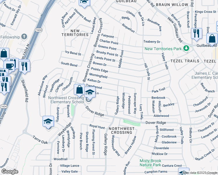 map of restaurants, bars, coffee shops, grocery stores, and more near 9810 Kelton Drive in San Antonio