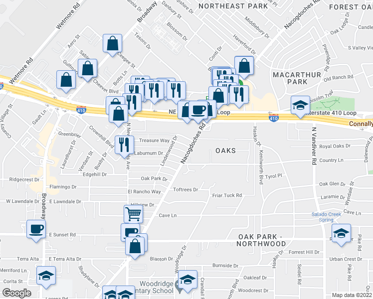 map of restaurants, bars, coffee shops, grocery stores, and more near 223 Treasure Way in San Antonio