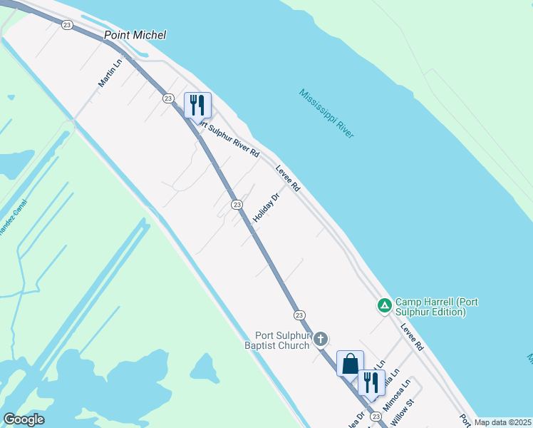map of restaurants, bars, coffee shops, grocery stores, and more near 136 Holiday Drive in Port Sulphur