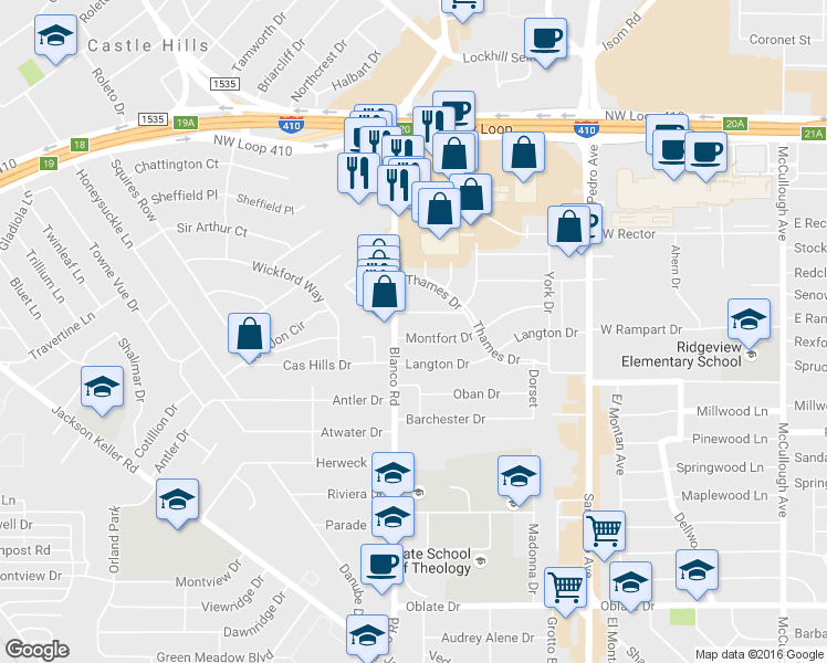 map of restaurants, bars, coffee shops, grocery stores, and more near 138 Cornwall Drive in San Antonio