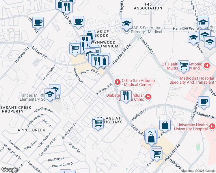 map of restaurants, bars, coffee shops, grocery stores, and more near 5500 Hamilton Wolfe Road in San Antonio