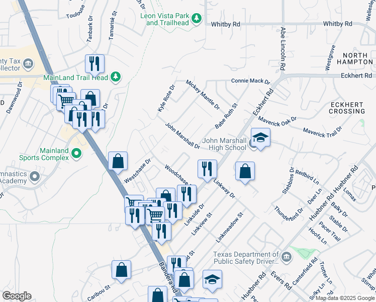 map of restaurants, bars, coffee shops, grocery stores, and more near 6825 John Marshall Street in San Antonio