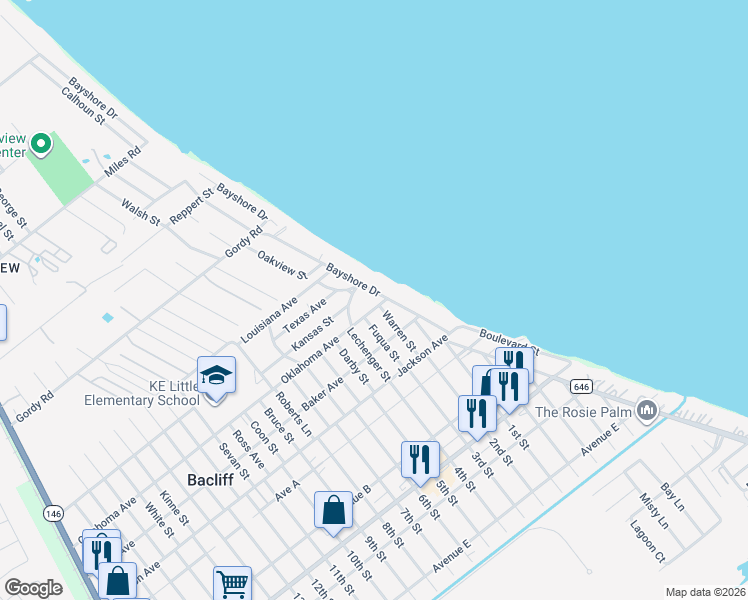 map of restaurants, bars, coffee shops, grocery stores, and more near 4006 Bayshore Drive in Bacliff