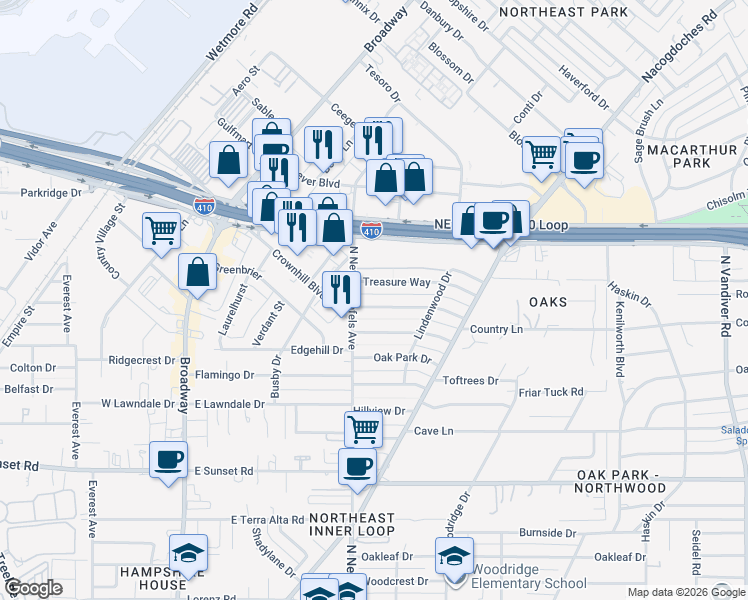 map of restaurants, bars, coffee shops, grocery stores, and more near 114 Treasure Way in San Antonio