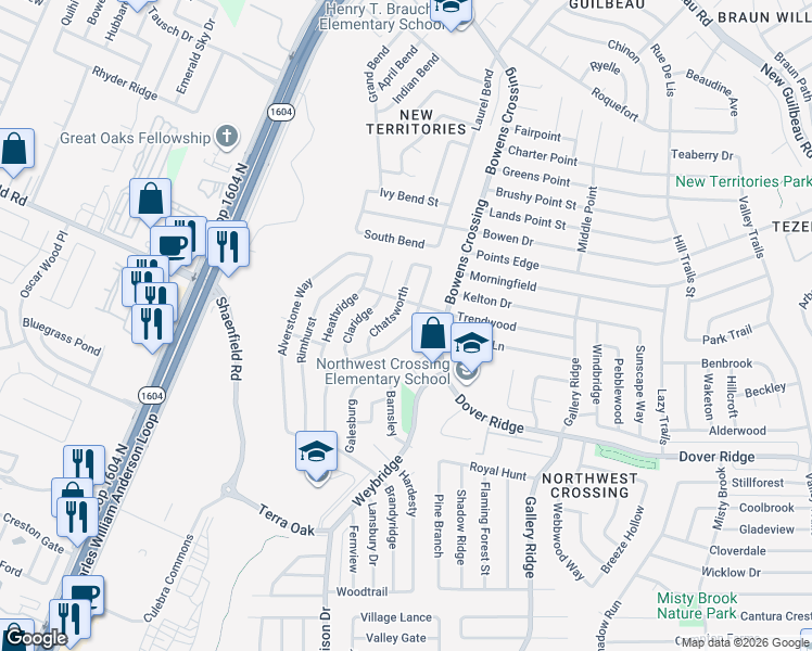 map of restaurants, bars, coffee shops, grocery stores, and more near 7639 Branston in San Antonio