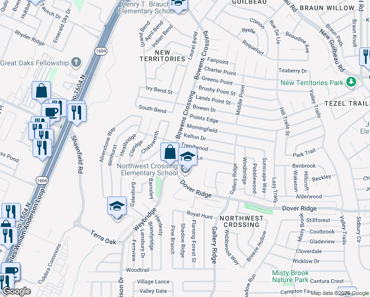 map of restaurants, bars, coffee shops, grocery stores, and more near 9919 Trendwood in San Antonio