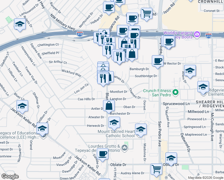 map of restaurants, bars, coffee shops, grocery stores, and more near 138 Cornwall Drive in San Antonio