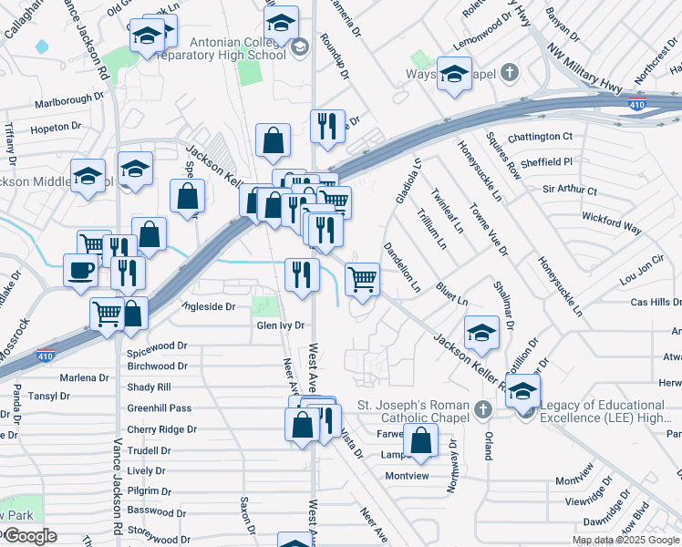 map of restaurants, bars, coffee shops, grocery stores, and more near 1834 Jackson Keller Road in San Antonio