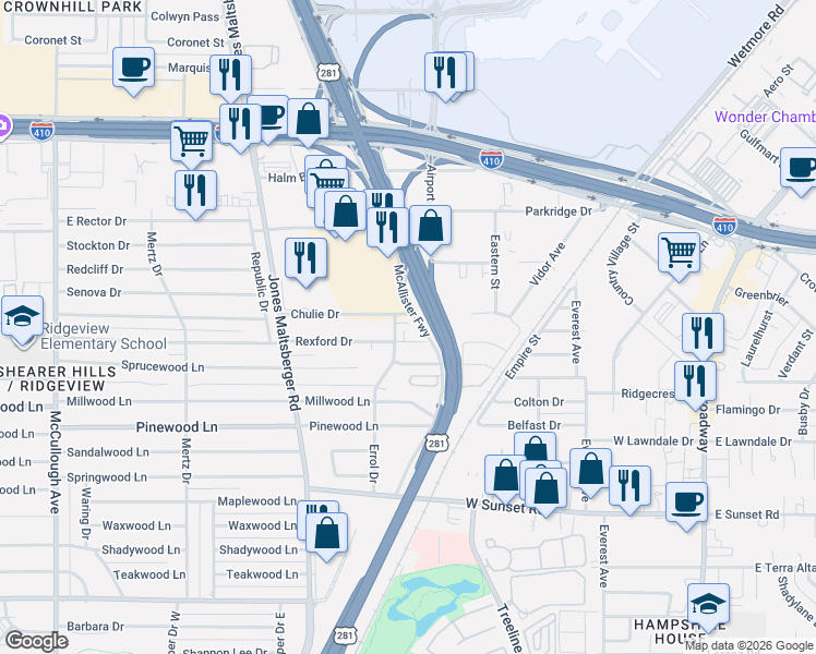 map of restaurants, bars, coffee shops, grocery stores, and more near 1006 Chulie Drive in San Antonio