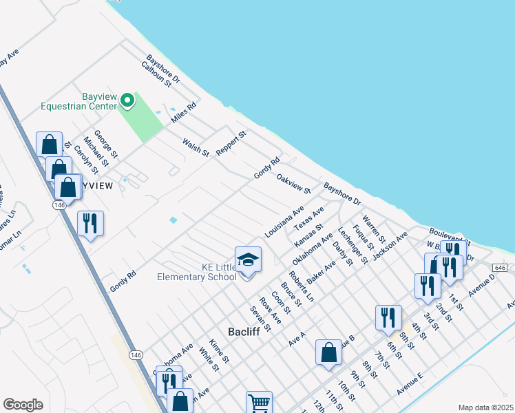 map of restaurants, bars, coffee shops, grocery stores, and more near 331 Gordy Road in Bacliff