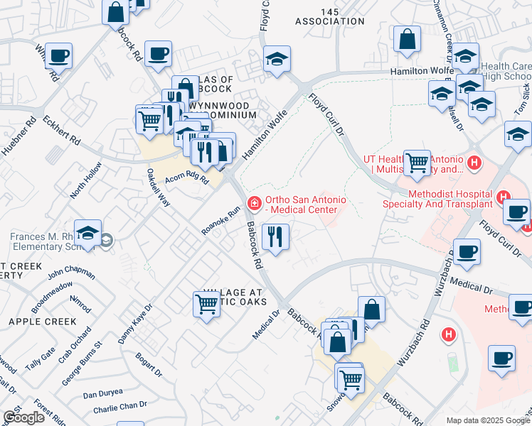 map of restaurants, bars, coffee shops, grocery stores, and more near 2829 Babcock Road in San Antonio