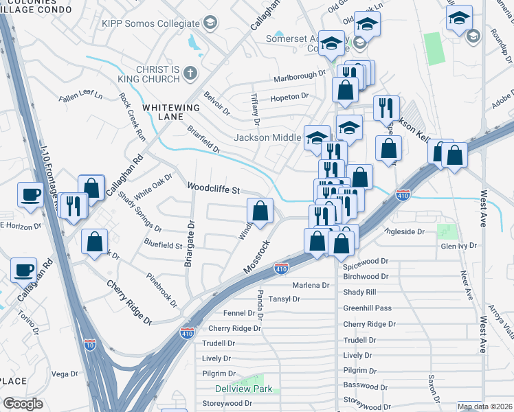 map of restaurants, bars, coffee shops, grocery stores, and more near 8230 Windlake Drive in San Antonio