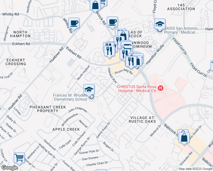 map of restaurants, bars, coffee shops, grocery stores, and more near 11 North Knoll in San Antonio