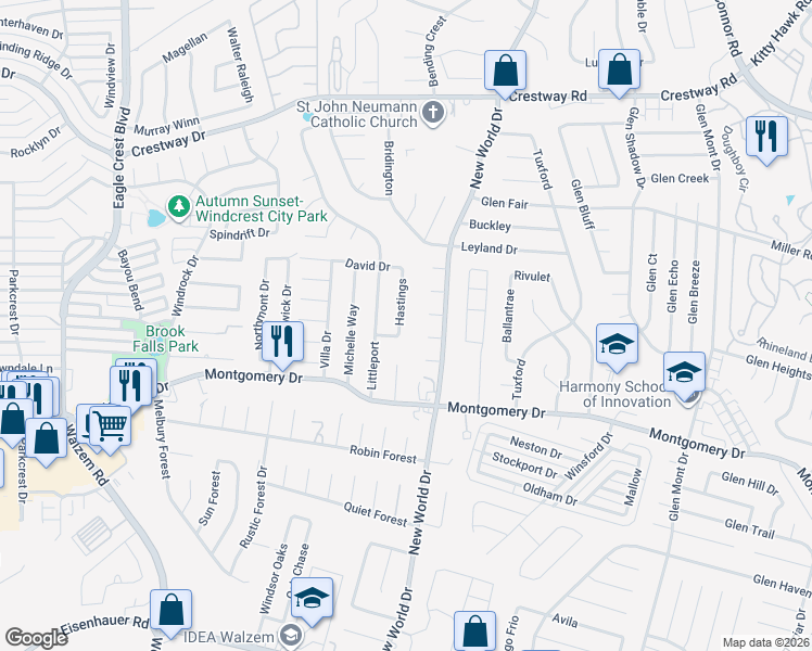 map of restaurants, bars, coffee shops, grocery stores, and more near 8318 Hastings in San Antonio