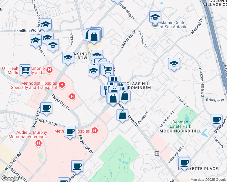 map of restaurants, bars, coffee shops, grocery stores, and more near 8036 Fredericksburg Road in San Antonio