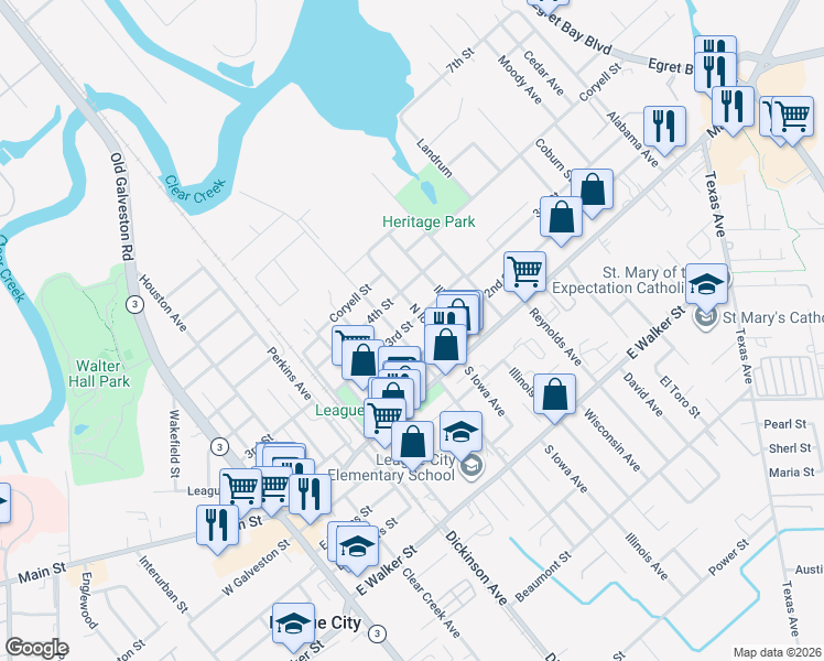 map of restaurants, bars, coffee shops, grocery stores, and more near 821 3rd Street in League City