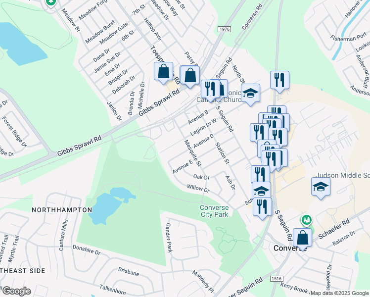 map of restaurants, bars, coffee shops, grocery stores, and more near 303 Avenue D in Converse