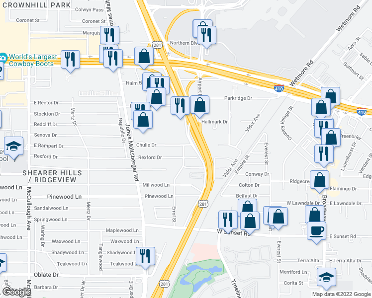 map of restaurants, bars, coffee shops, grocery stores, and more near 1006 Chulie Drive in San Antonio