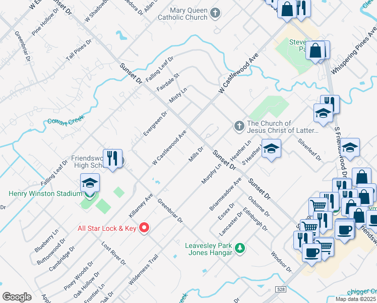 map of restaurants, bars, coffee shops, grocery stores, and more near 910 Rigel Drive in Friendswood