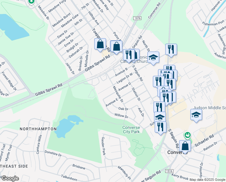 map of restaurants, bars, coffee shops, grocery stores, and more near 303 Avenue D in Converse