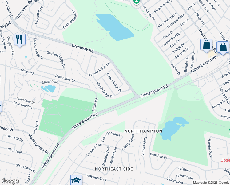 map of restaurants, bars, coffee shops, grocery stores, and more near 8418 Cascade Ridge Drive in San Antonio