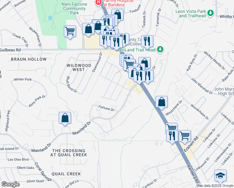 map of restaurants, bars, coffee shops, grocery stores, and more near 7934 Veleta in San Antonio