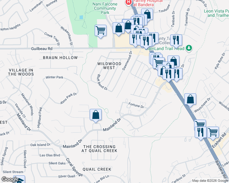 map of restaurants, bars, coffee shops, grocery stores, and more near 8234 Dawnwood Drive in San Antonio