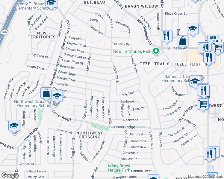 map of restaurants, bars, coffee shops, grocery stores, and more near 7438 Lazy Trail in San Antonio