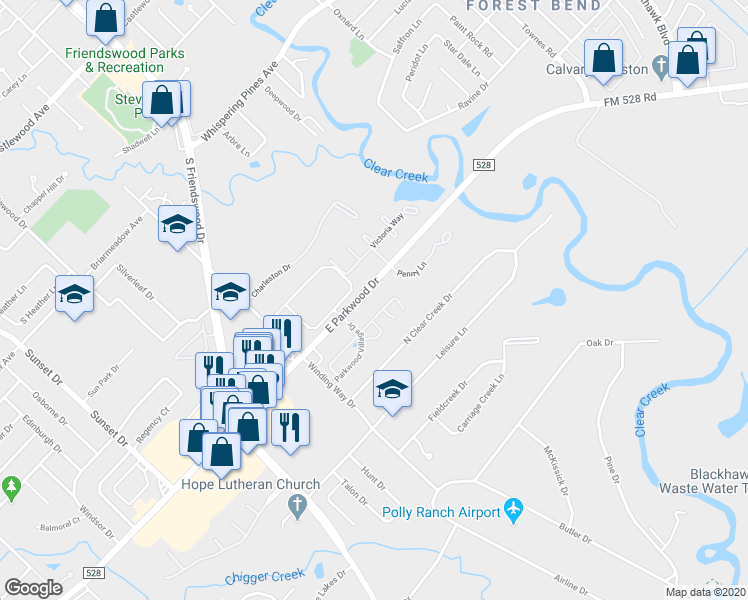 map of restaurants, bars, coffee shops, grocery stores, and more near 401 East Parkwood Drive in Friendswood
