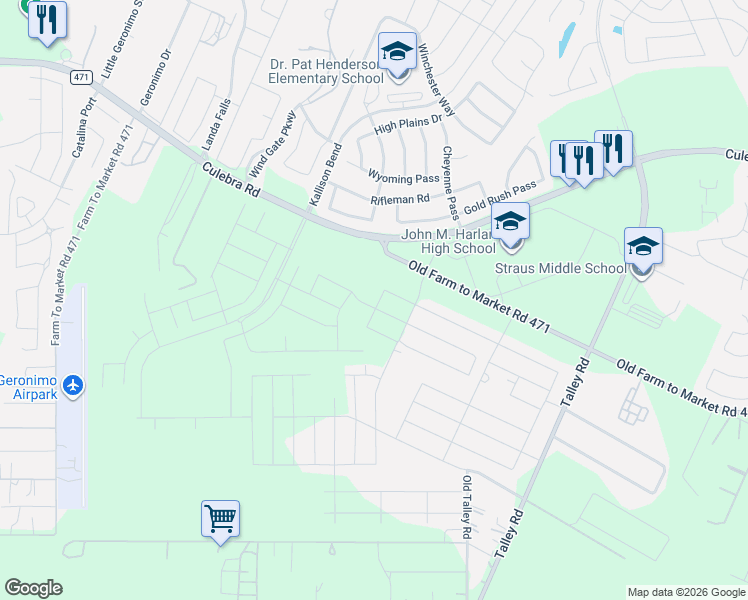 map of restaurants, bars, coffee shops, grocery stores, and more near 14300-14782 Old Farm to Market 471 West in Bexar County