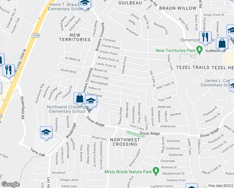 map of restaurants, bars, coffee shops, grocery stores, and more near 9810 Kelton Drive in San Antonio