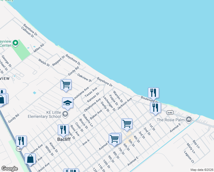 map of restaurants, bars, coffee shops, grocery stores, and more near 4006 Bayshore Drive in Bacliff