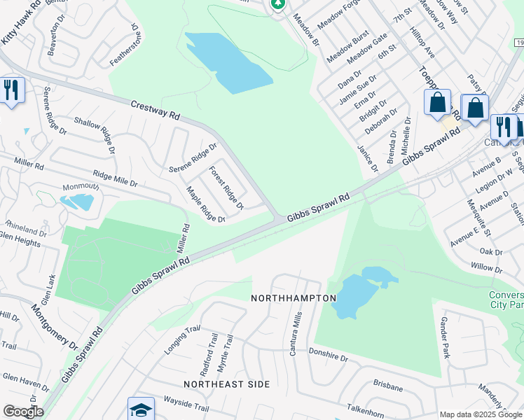 map of restaurants, bars, coffee shops, grocery stores, and more near 8301 Forest Ridge Drive in San Antonio